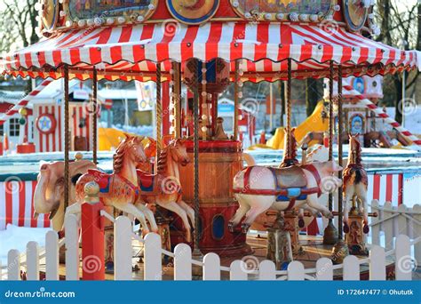 Horses Carousel At The Amusement Entertainment Park Colorful Carousel