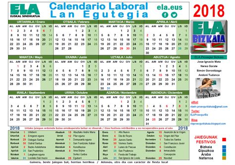 Fiestas de comunidades autónomas y días no laborales. ELA Prosegur Bizkaia: Calendario laboral Euskal Herria 2018