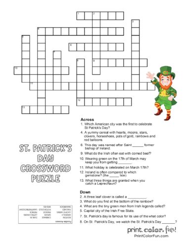 Patty's cow word search puzzle. 14 free St Patrick's day printable coloring pages, puzzles & other fun for kids - Print Color Fun!