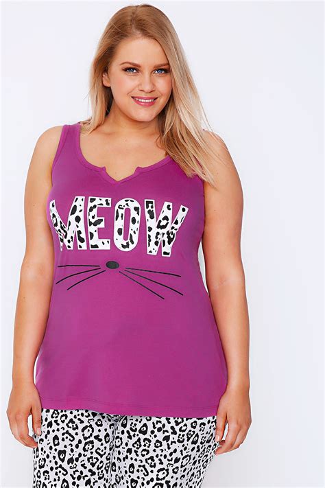 Pink And Animal Meow Print Sleeveless Pyjama Top Plus Size 14 To 36