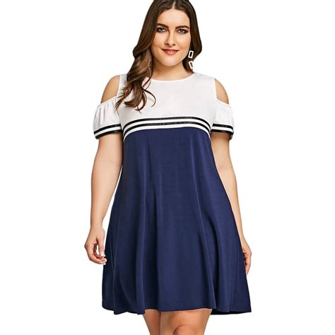 Gamiss Women Summer Dress Plus Size Double Striped Open Shoulder