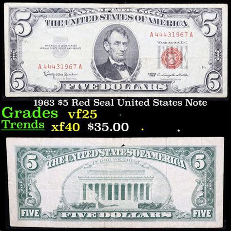 1963 5 Red Seal United States Note Grades Vf