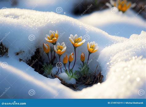 First Flower Snowdrops Growing From Snow Spring Begins Generative Ai