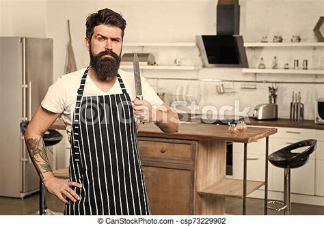 Ready To Cut Serious And Confident Chef In Cafe Use Knife Tasty Cuisine Bearded Man Hipster