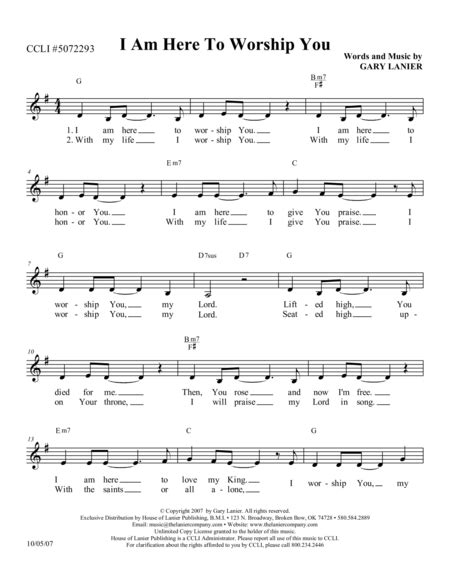 I Am Here To Worship You Lead Sheet With Melody Lyrics And Chords Music