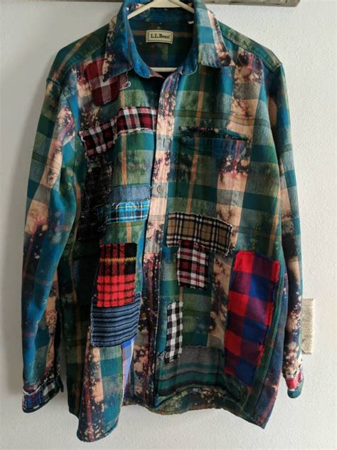 Bleached Flannel Shirt With Patches Large Tall Ll Bean Etsy