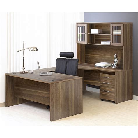 Premium Modern Walnut U Shaped Desk With Hutch