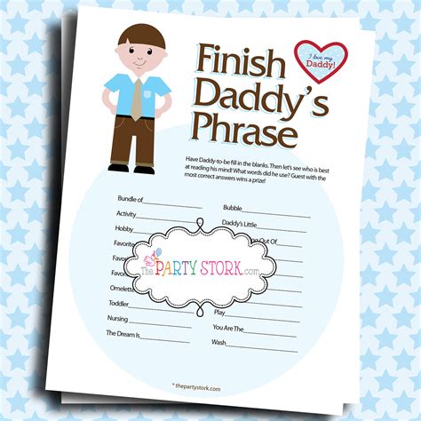 5 out of 5 stars (145) sale price $4.88 $ 4.88 $ 5.43 original price $5.43 (10% off) add to favorites editable greenery baby shower games, easy and fun baby shower games, bb005. Baby Shower Games Finish Daddy's Phrase Many Unique Game