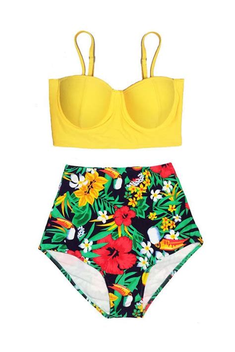 Yellow Midkini Top And Flora Flower Flowers High Waisted Waist Bottom