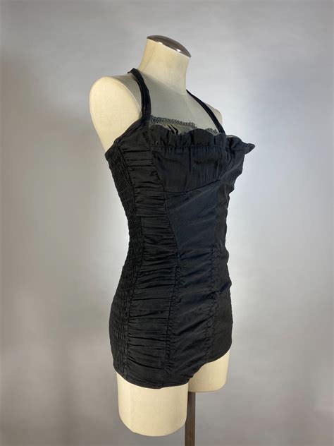 50s Black Ruched Smock Back Bathing Swim Suit By Cole Of California In
