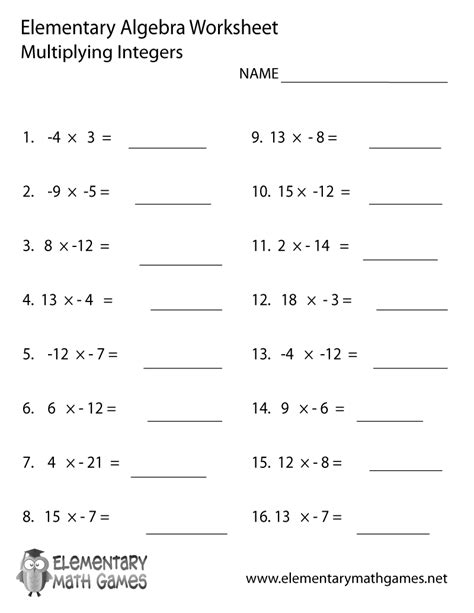 Elementary Algebra Multiply Integers Worksheet