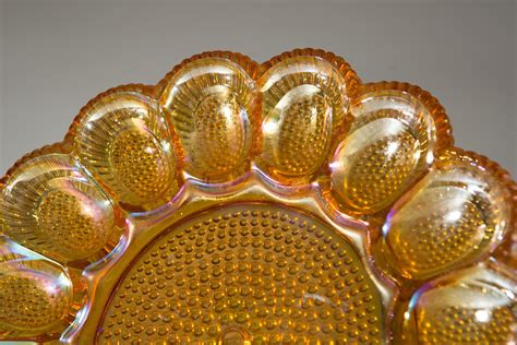 Vintage Deviled Egg Plate Indiana Glass Iridescent Orange Hobnail Glass Serving Plate With