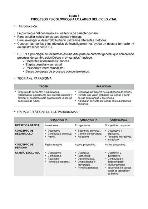 Tema1 Desarrollo Psicológico En El Ciclo Vital Tema 1 Procesos A Lo Largo Del Ciclo Vital 1