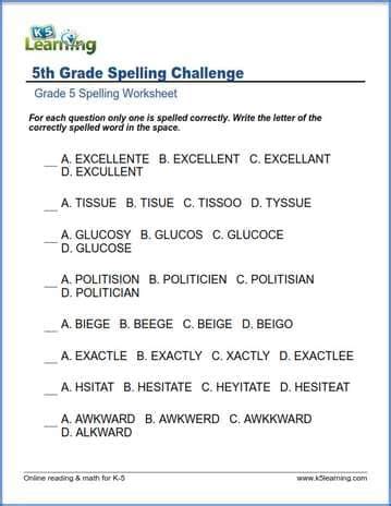 5th grade reading comprehension activities: Spelling challenge for grade 5 | K5 Learning