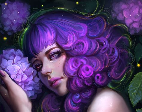 Women Purple Hair Curly Hair Purple Eyes Fantasy Art Artwork