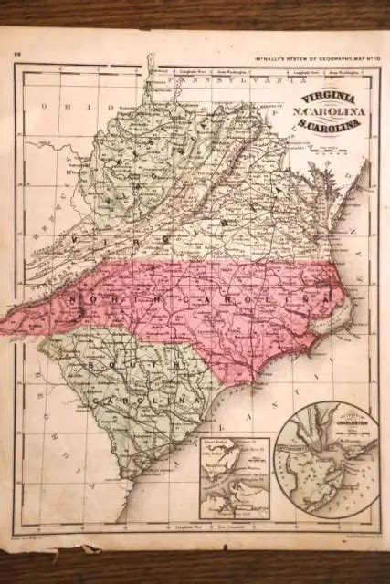 1872 Rare Antique Mcnally Atlas Map Virginia North Carolina South