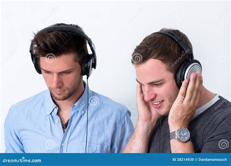 Two Friends Listening To Music Stock Photo Image Of Casual Friends