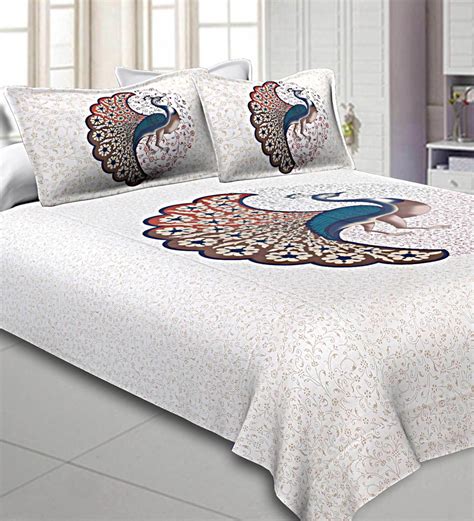 Buy White Traditional TC Cotton Blend King Sized Bed Sheets With Pillow Covers At OFF