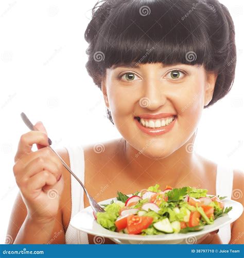 Young Happy Woman Eating Salad Stock Photo Image Of Nutrition