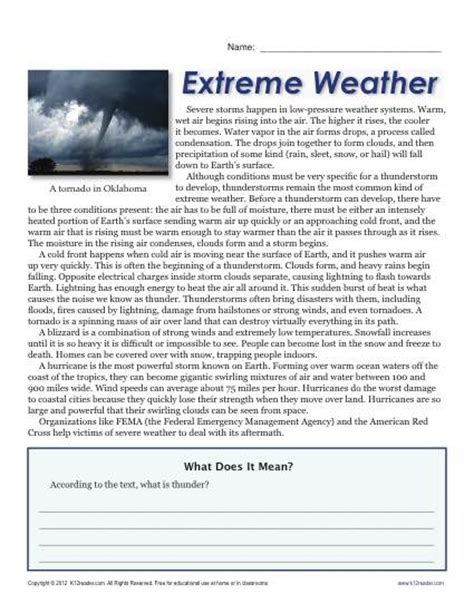 sixth grade reading comprehension worksheet extreme weather