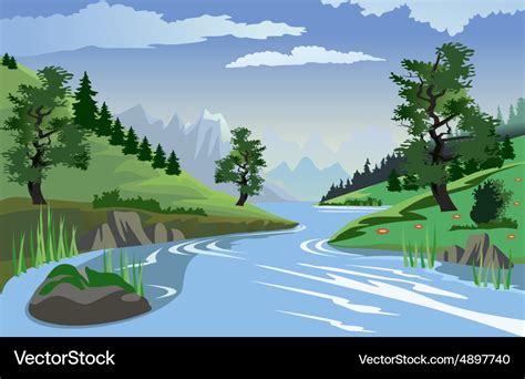 River Flowing Through Hills Royalty Free Vector Image
