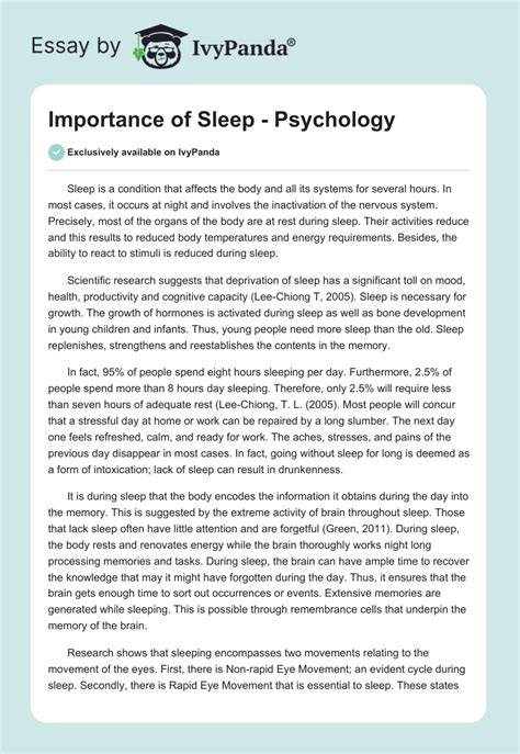 Importance Of Sleep Psychology Words Report Example