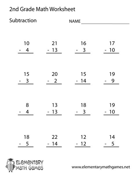 Free Printable Second Grade Subtraction Math Worksheets