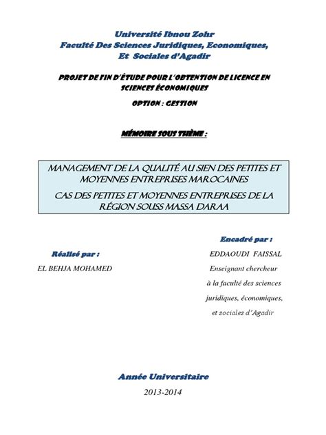 Mémoire Management de La Qualité Au Sein Des PME Marocaines  PDF