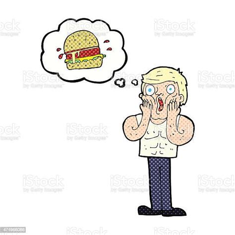 Cartoon Shocked Man Thinking About Junk Food Stok Vektör Sanatı And 2015‘nin Daha Fazla Görseli
