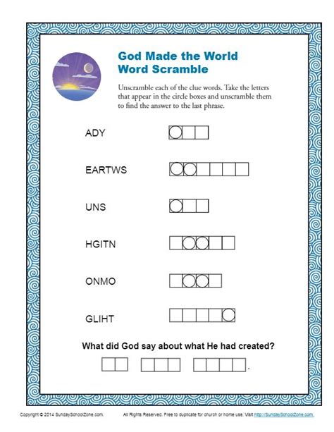 God Made The World Word Scramble Bible Activities For Kids Sunday