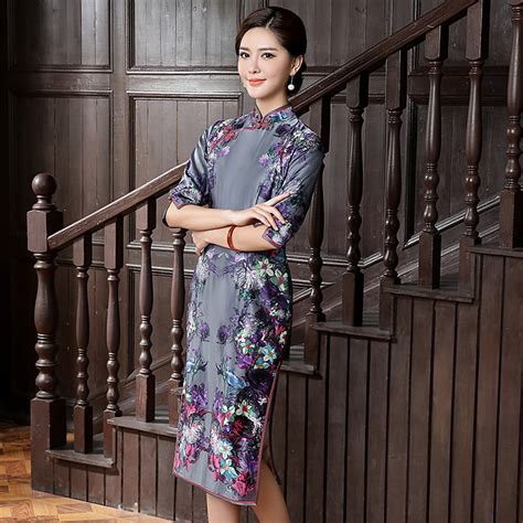 Magnificent Flowers Print Silk Qipao Cheongsam Dress Qipao Cheongsam Dresses Women