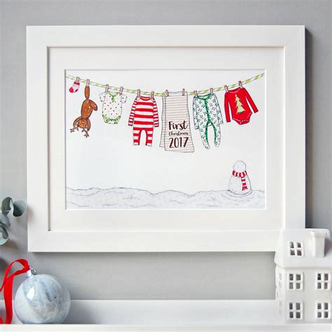 A large center drawing depicts a family gathered around. Personalised Baby's First Christmas Card By Clara And Macy | notonthehighstreet.com