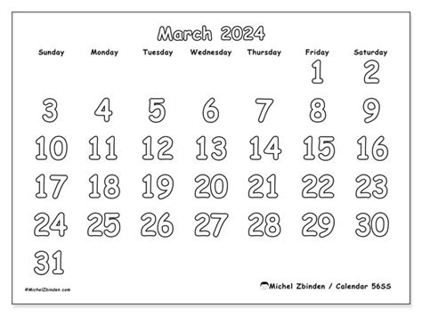 Calendar March 2024 Colouring Ss Michel Zbinden Sg