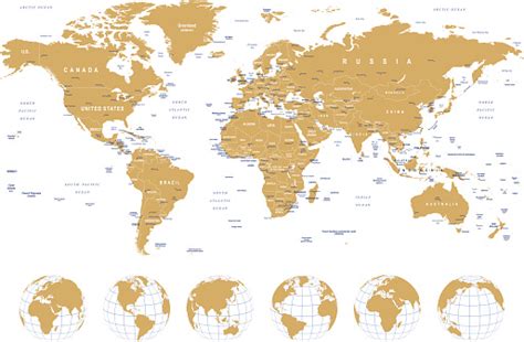 Golden World Map Borders Countries Cities And Globes Illustration Stock