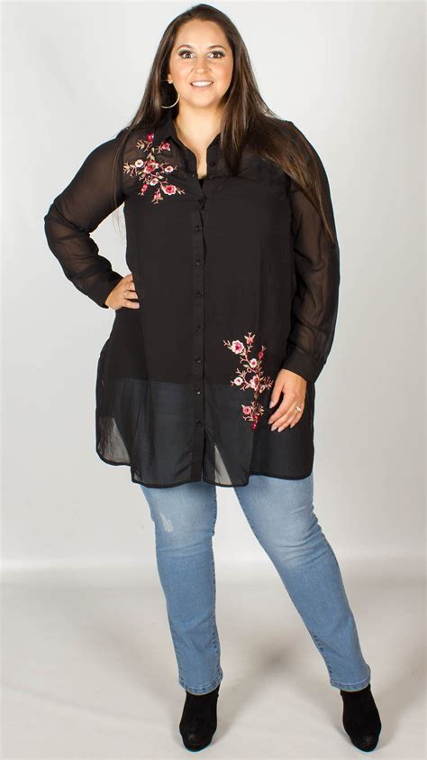 tricia black embroidered sheer longline shirt curvewow