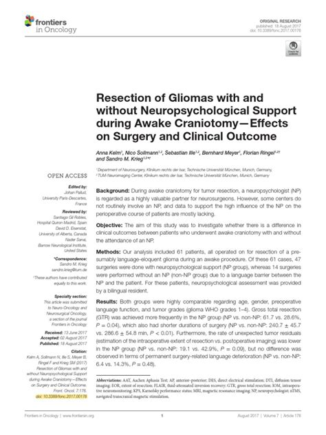 Resection Of Gliomas With And Without Neuropsychological Support During