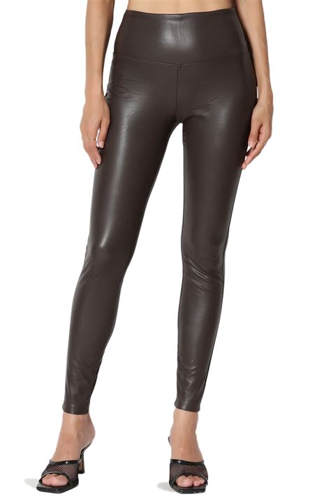 themogan women s sexy faux leather wide band high waist leggings tights pants