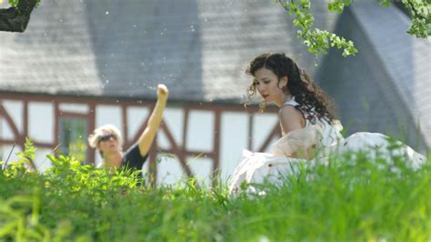 Aylin tezel wearing the silk blouse with stripes in black & white. Märchenfilm Deutschland 2011 - Aschenputtel | rbb