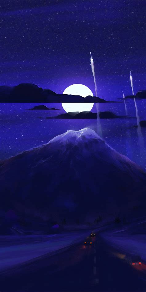Download 1080x2160 Wallpaper Dark Moon Mountain Night Minimal Art