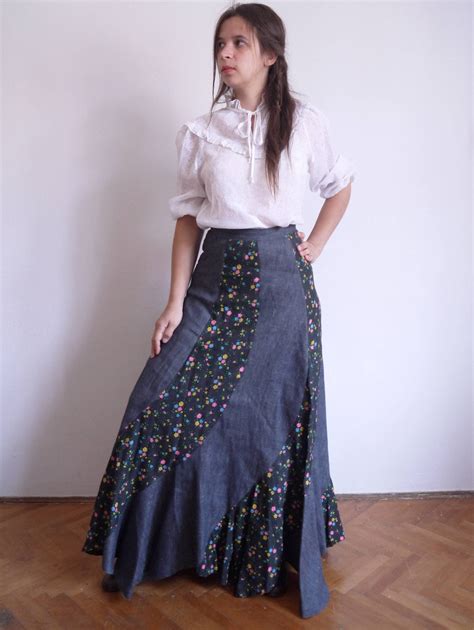 70s Skirt Vintage Denim Skirt Godet Maxi Skirt Skirt High Etsy