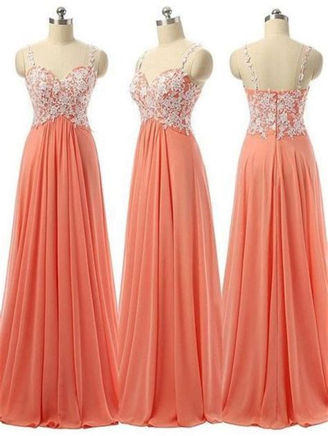 Coral Prom Dress Sexy Straps Appliqued Chiffon Prom Gown Formal