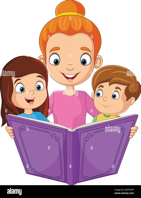 Cartoon Mother Reading A Story Book With Her Children Stock Vector
