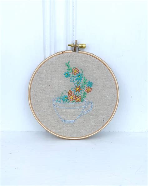 Embroidery Hoop Wall Art Modern Hand Embroidery Floral Teacup Etsy