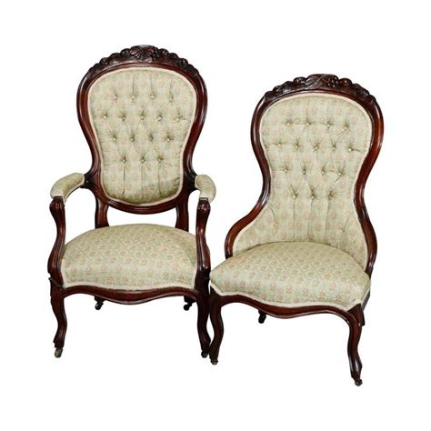 Antique Victorian Carved Walnut And Button Back Upholstered Parlor