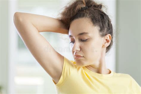 Young Woman Smelling Her Armpits Stock Image Image Of Hair Scented