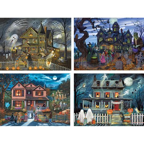 Halloween scene 500 piece jigsaw puzzle by sunsout 4.3. Set of 4: Halloween 1000 Piece Jigsaw Puzzles | Bits and ...