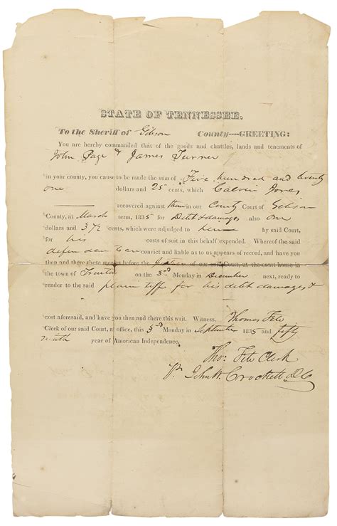 2006 John Wesley Crockett Document Signed 15 September 1835