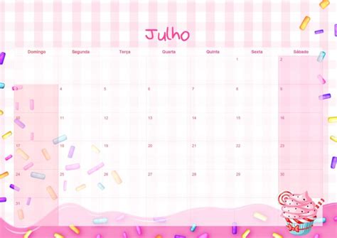 Calendario Mensal Cupcake Julho Fazendo A Nossa Festa