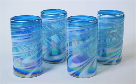 Mexican Glass Tumblers Set Of Four 18oz Turquoise And White Swirl Iridescent