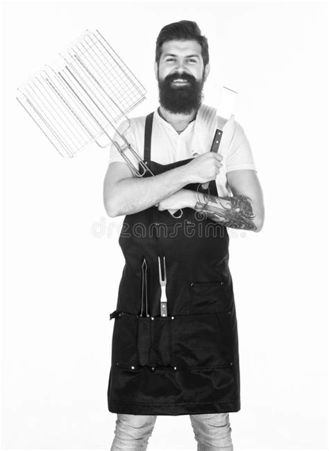 Picnic And Barbecue Bearded Hipster Wear Apron For Barbecue Roasting And Grilling Food Tips